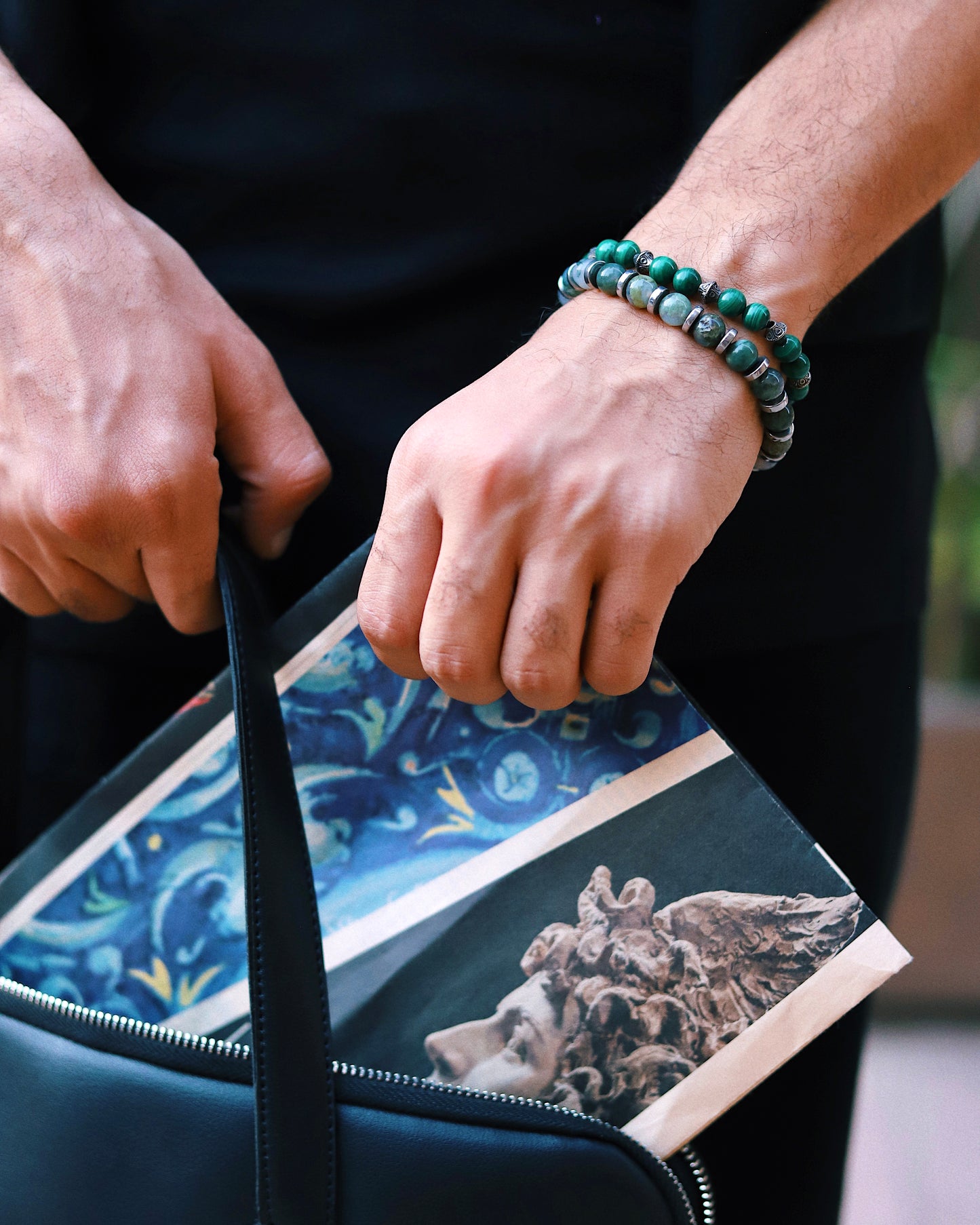 Moss agate Kuffs Mens Bracelet