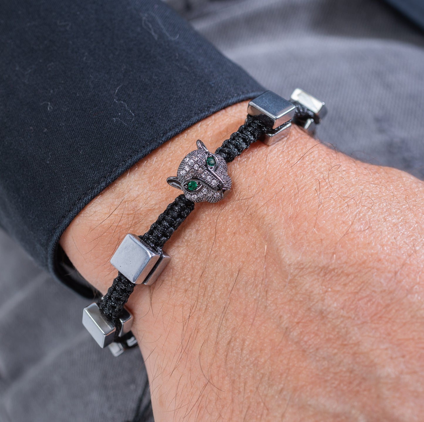 Braided cheetah green eyes Kuffs Mens Bracelet