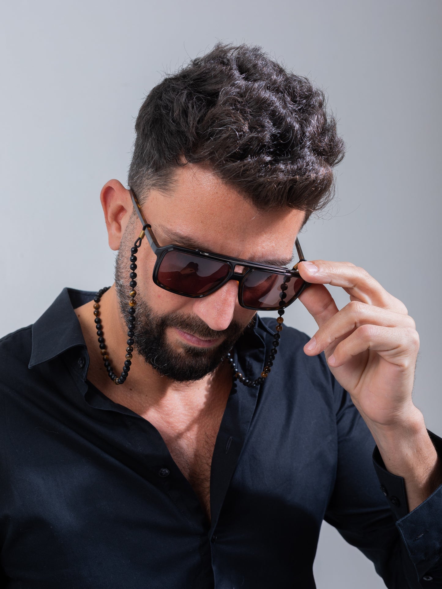 Yellow Tiger eye and Onyx eyewear Strap