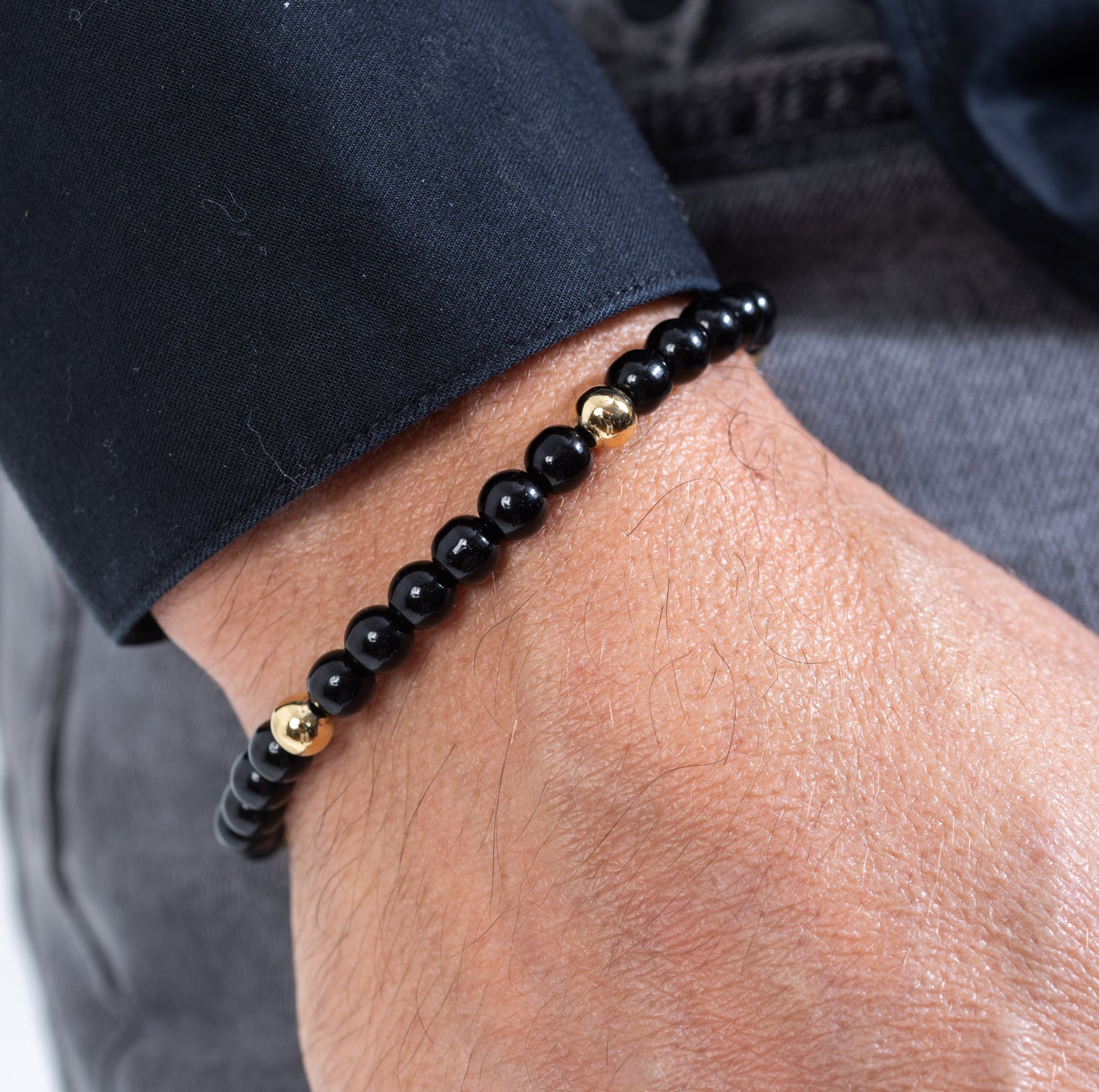 Yellow golden beads with onyx Kuffs Mens Bracelet