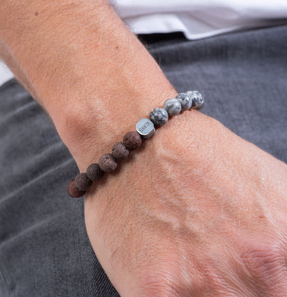 Gray Picasso jasper and brown lava two tone kuffs bracelet