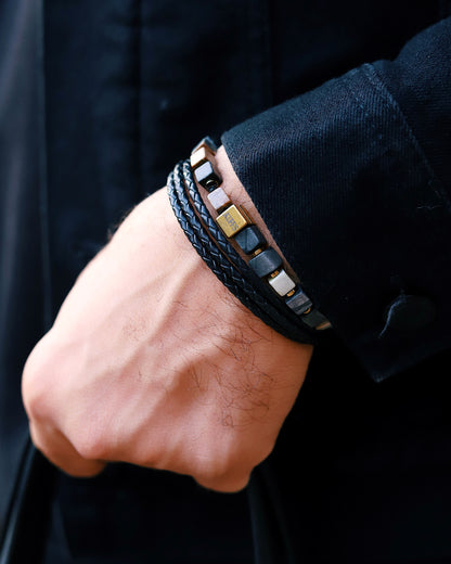 Black leather three rows Kuffs Mens Bracelet