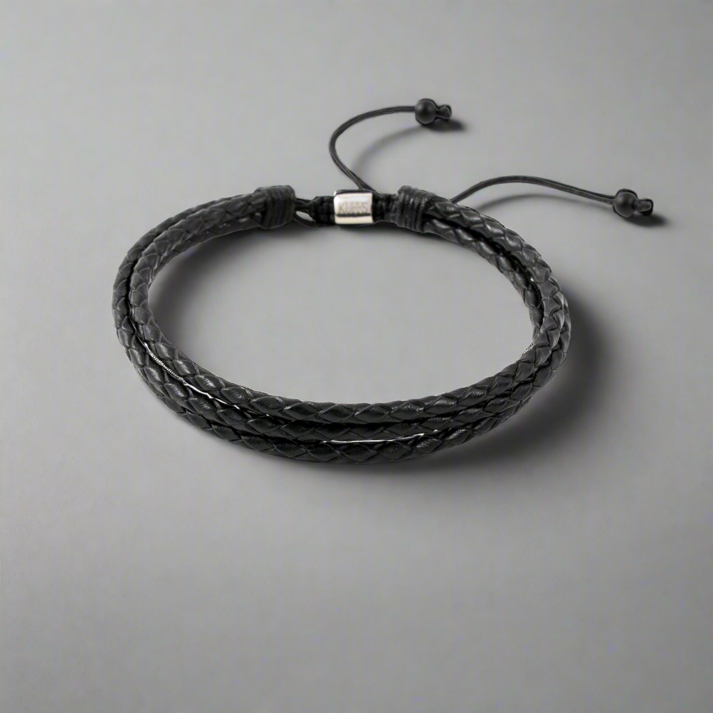 Black leather three rows Kuffs Mens Bracelet