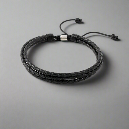 Black leather three rows Kuffs Mens Bracelet