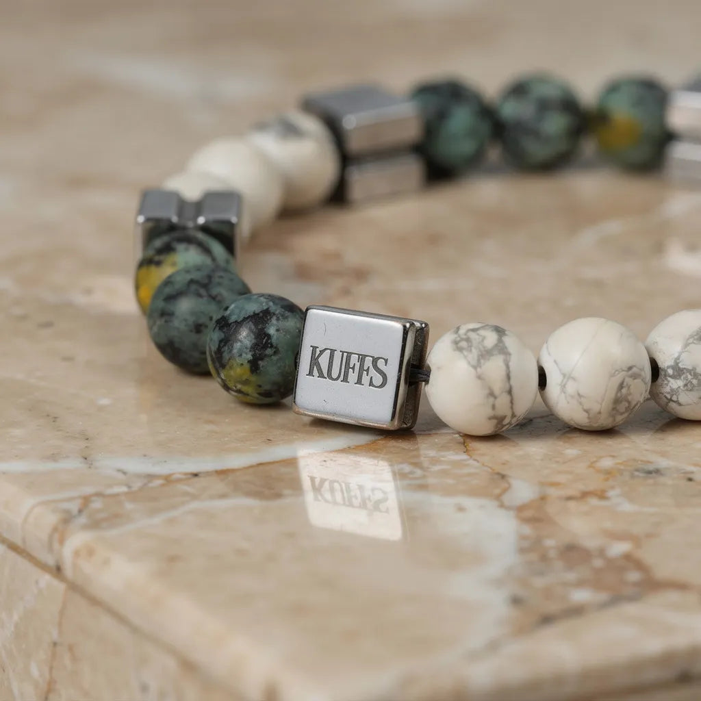 Agate mat green and howlite Kuffs Mens Bracelet