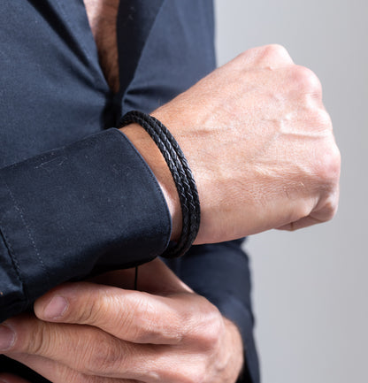 Black leather three rows Kuffs Mens Bracelet