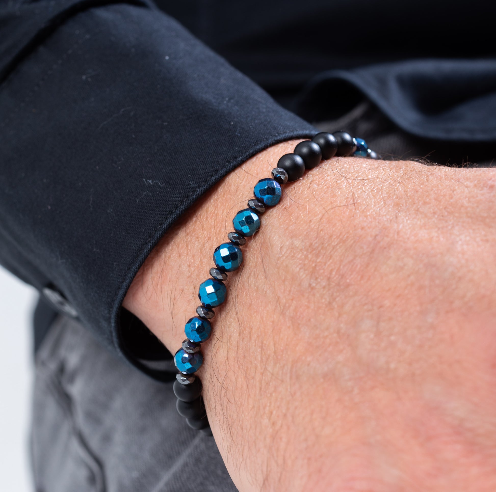 Blue faceted hematite and onyx Kuffs Mens Bracelet