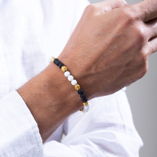 Lava stones with golden Tibetan beads Kuffs Mens Bracelet