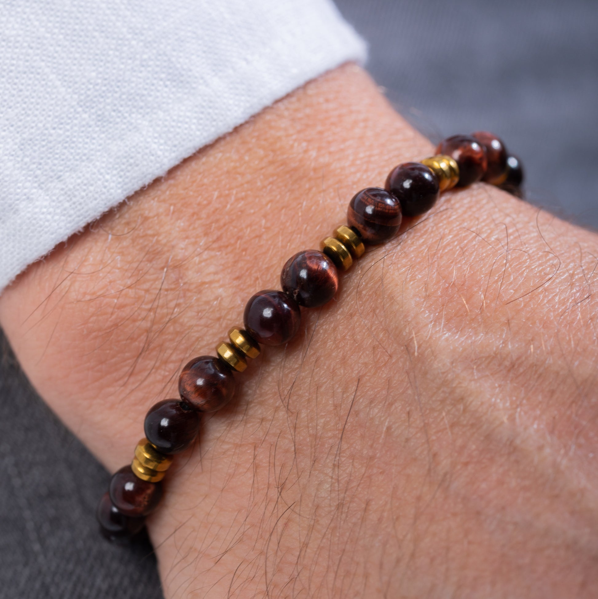 Red tiger eye with yellow hematite Kuffs Mens Bracelet close up