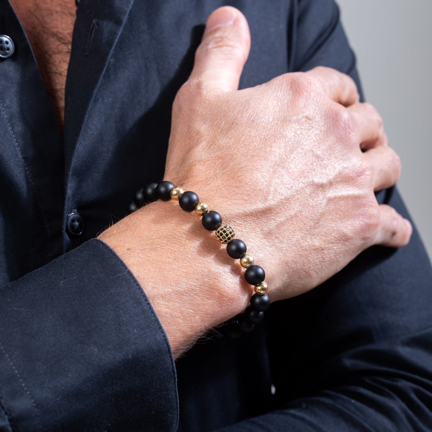 Yellow gold plated disco ball with onyx Kuffs Mens Bracelet