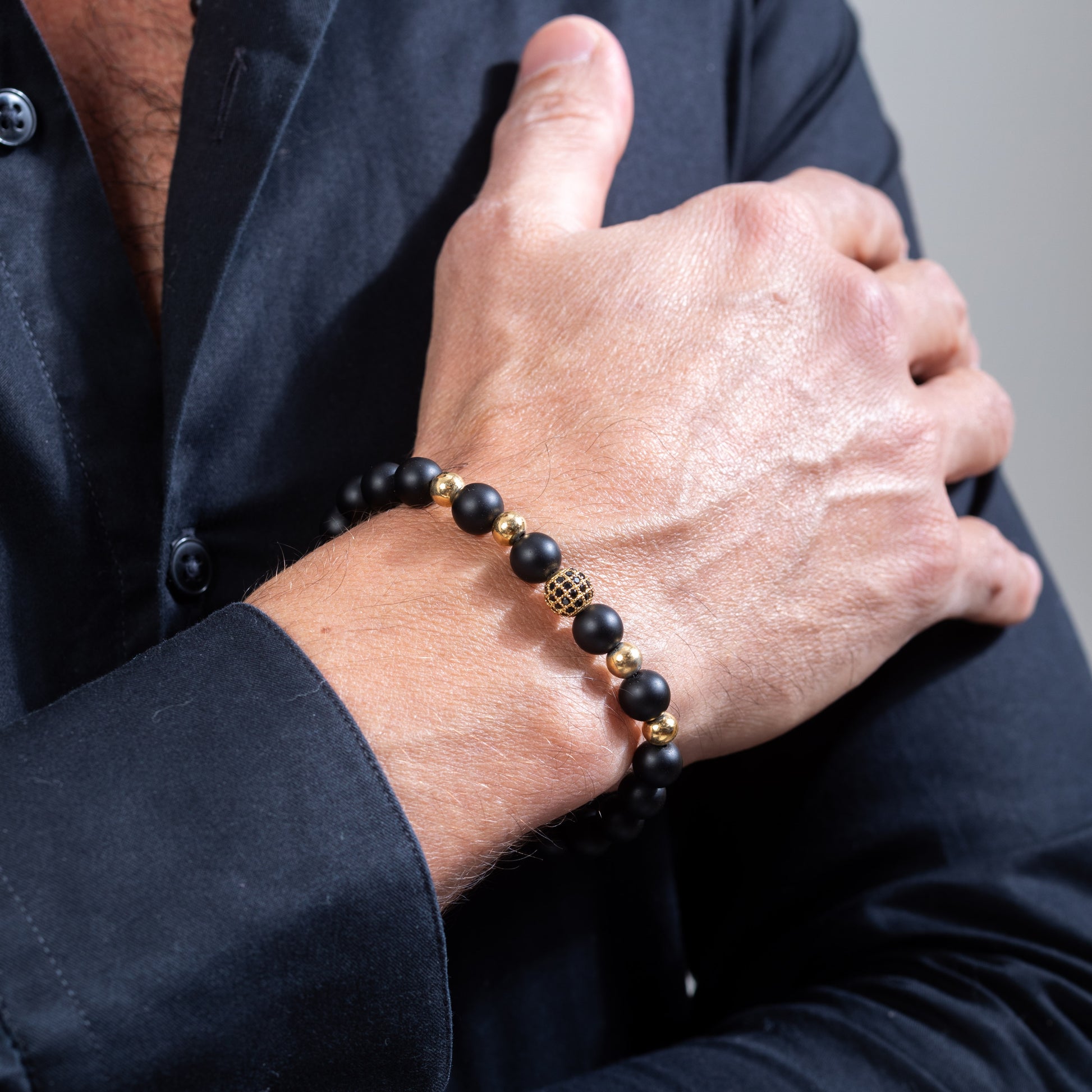 Yellow gold plated disco ball with onyx Kuffs Mens Bracelet