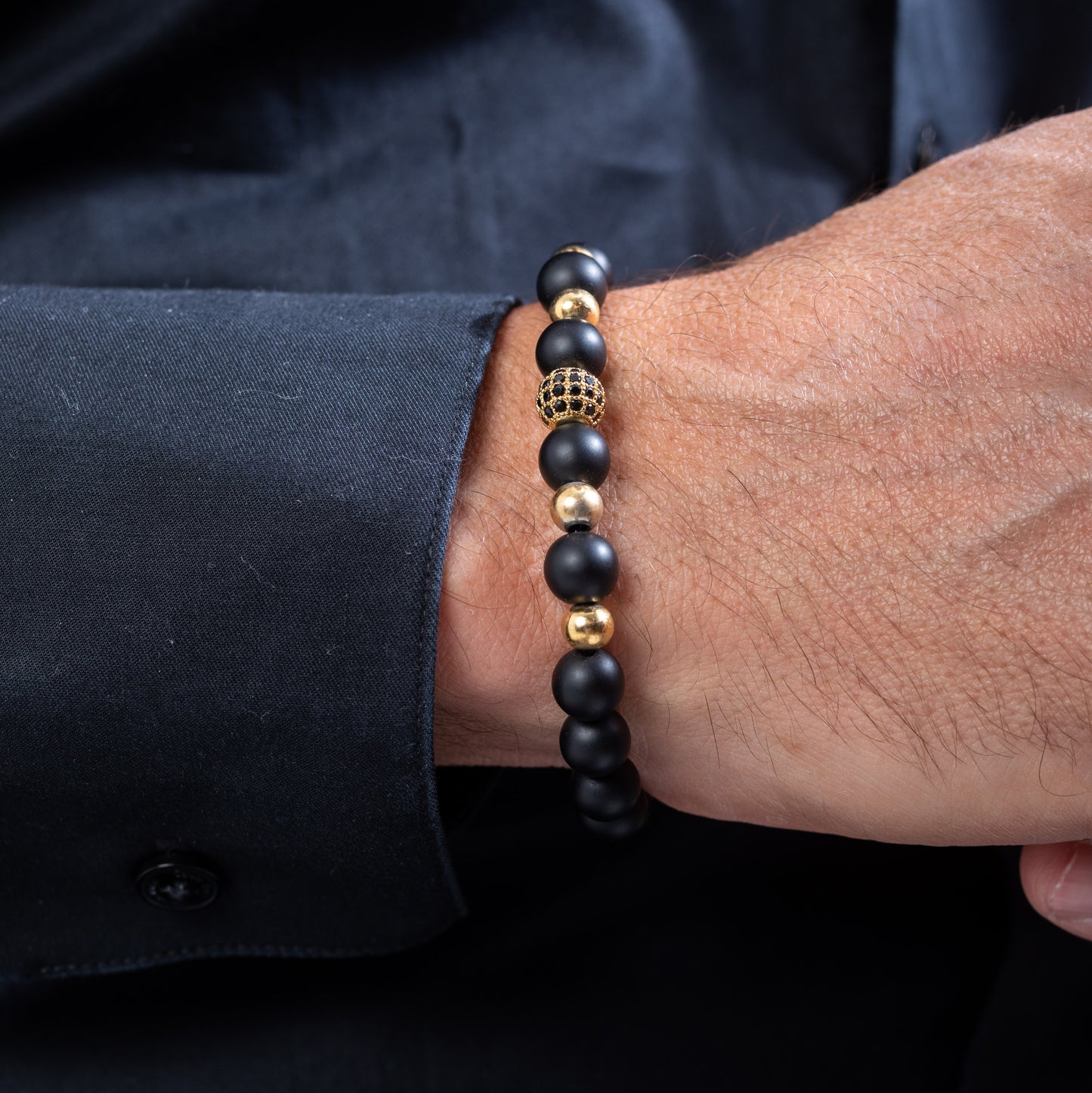 Yellow golden disco ball with onyx Kuffs Mens Bracelet