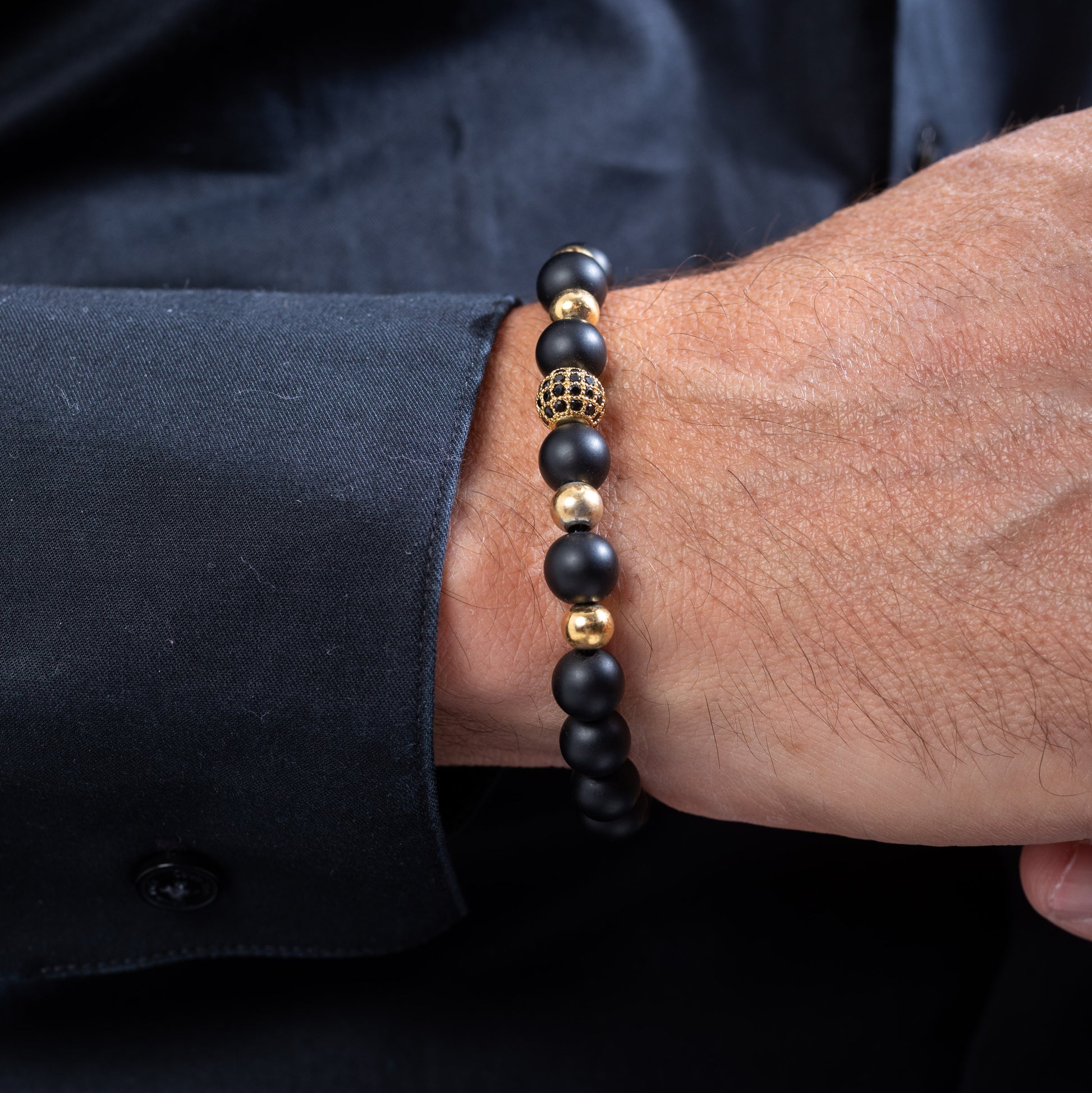 Yellow golden disco ball with onyx Kuffs Mens Bracelet