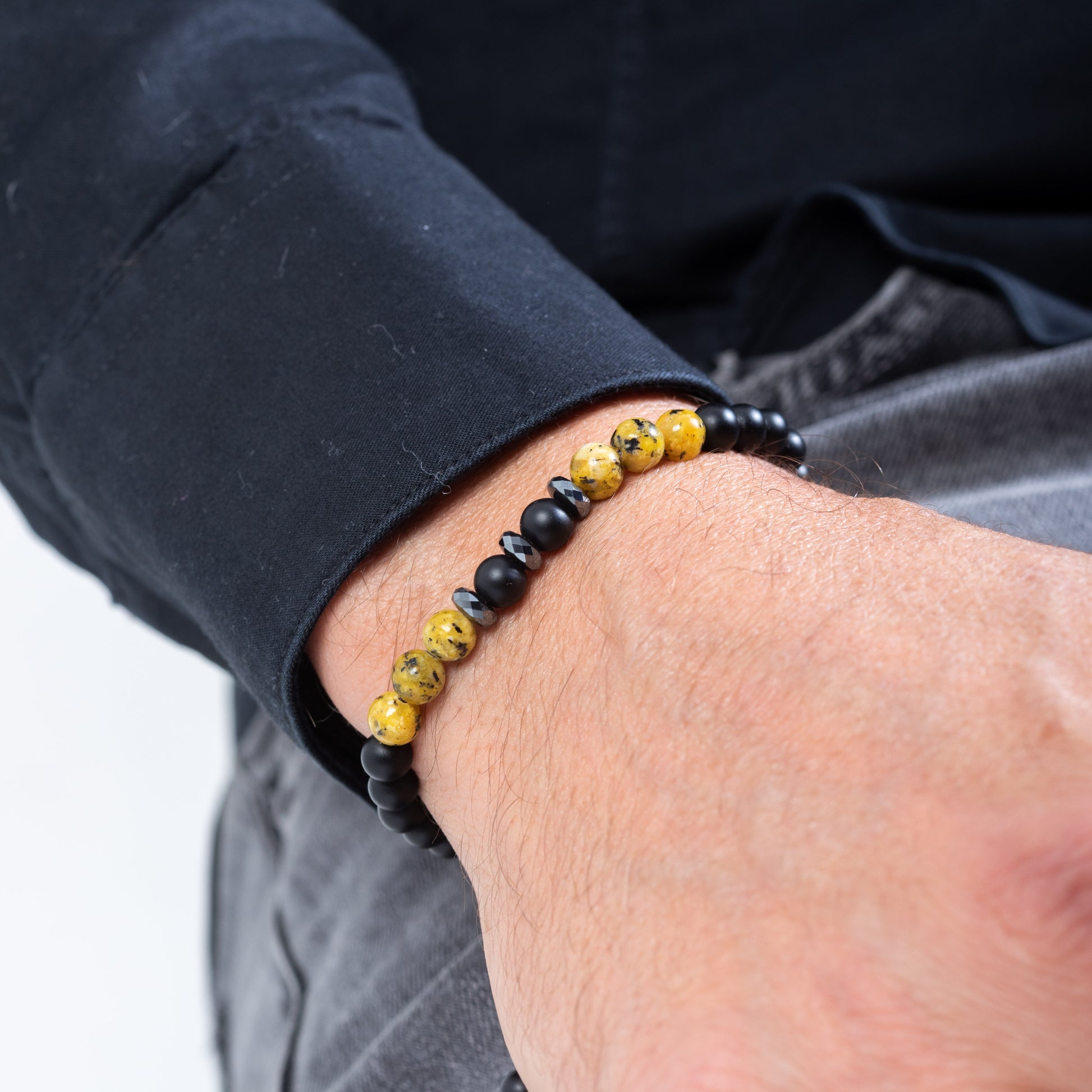 Yellow lemon jasper and onyx Kuffs bracelet for men