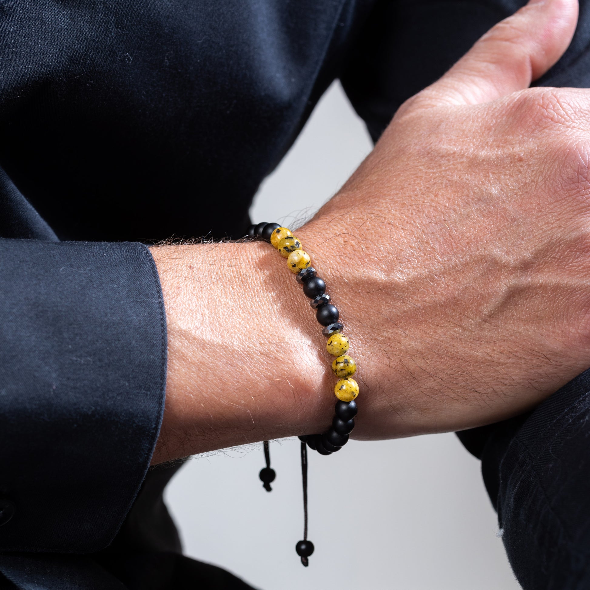Yellow lemon jasper and onyx adjustable Kuffs bracelet for men