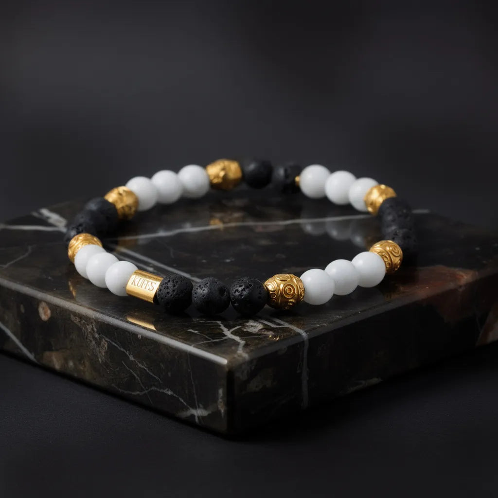 Lava stones with golden Tibetan beads Kuffs Mens Bracelet
